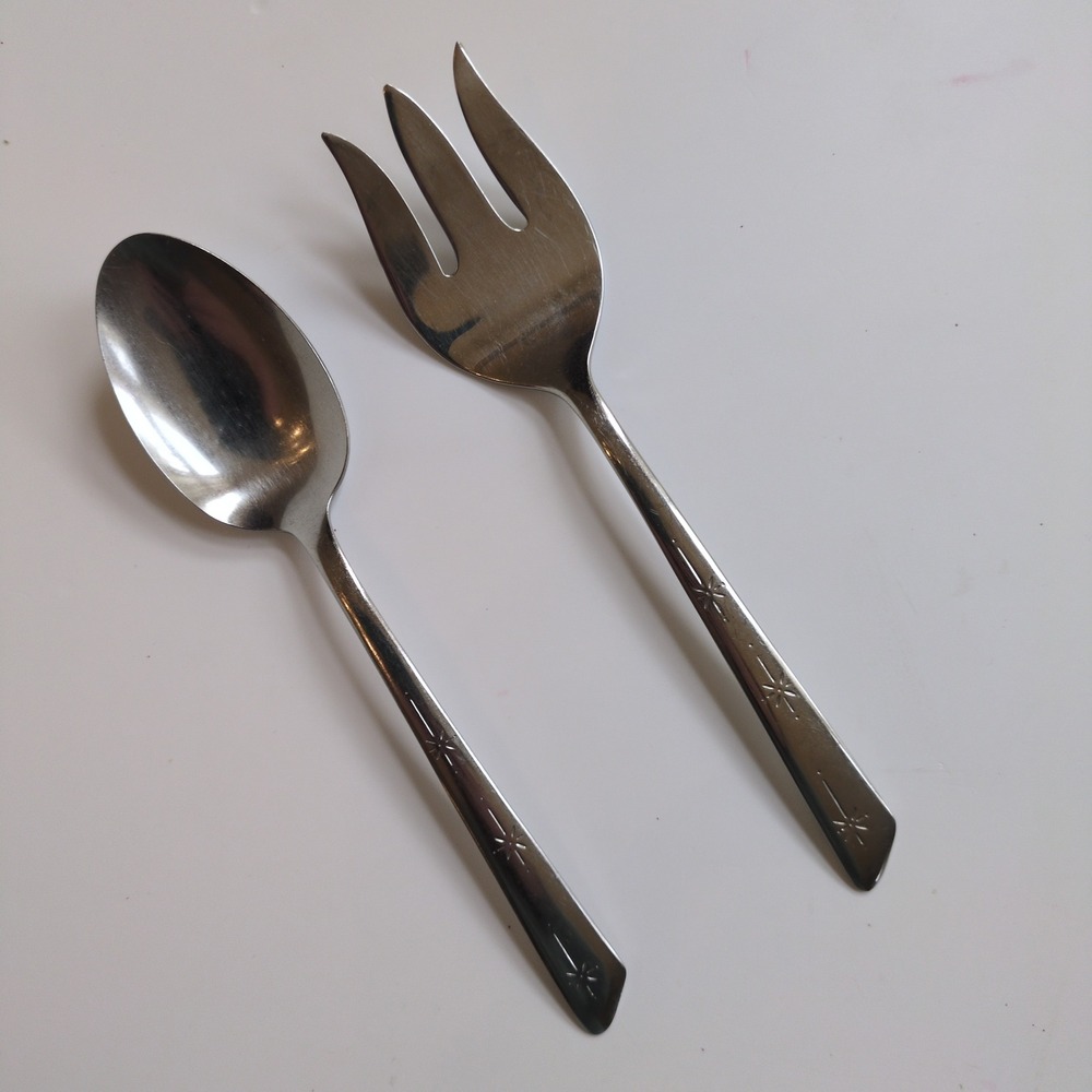 Vtg MCM Starburst‎ Silco Stainless Silverware Serving Spoon & Fork USA Flatware